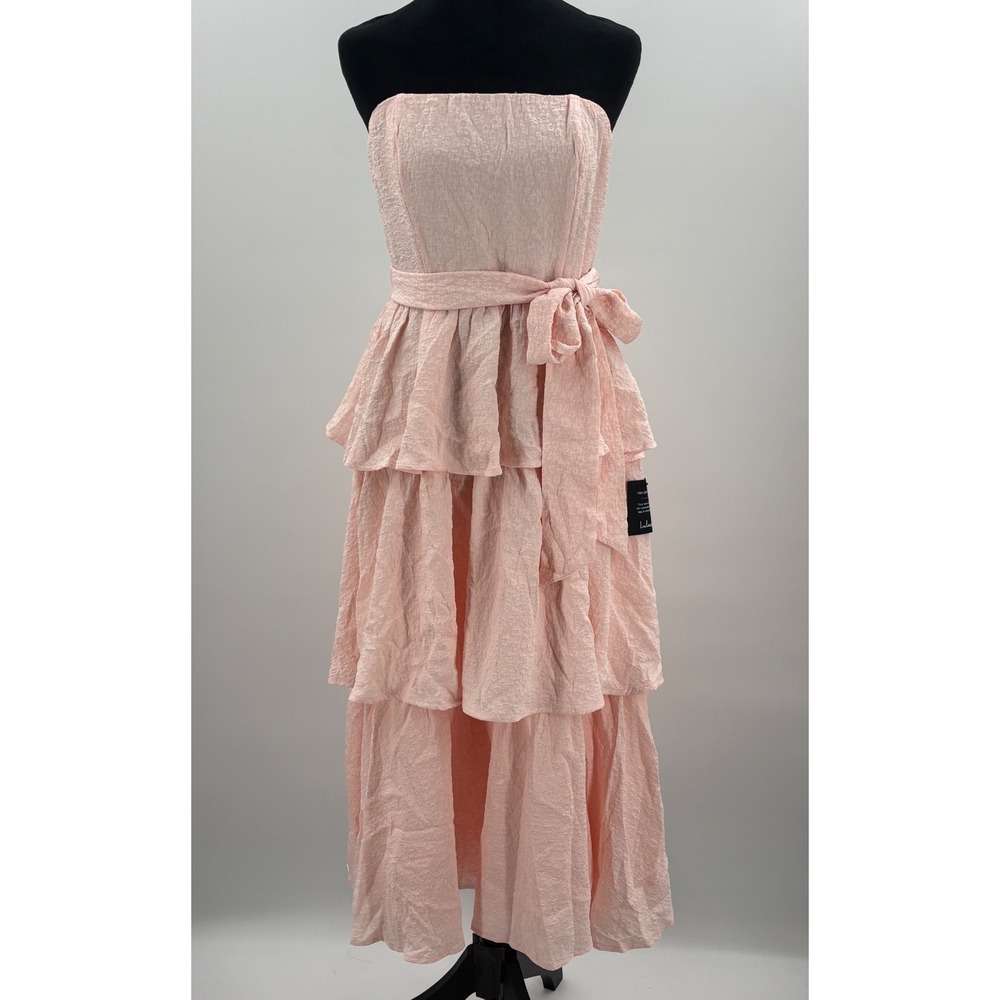 Lulus Truly Marvelous Pink Jacquard Strapless Tiered Midi Dress Bow Belt Size M - Picture 5 of 12
